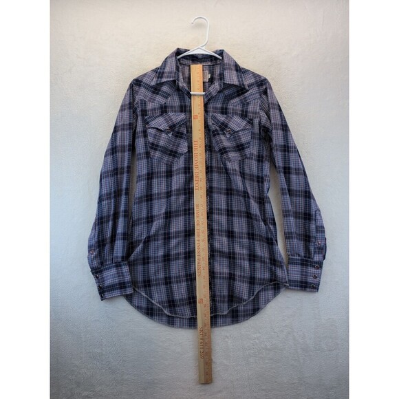 VTG H Bar C 14.5-33 Ranchwear Long Tail Pearl Snap Blue Plaid Shirt Western 70s - Picture 2 of 14